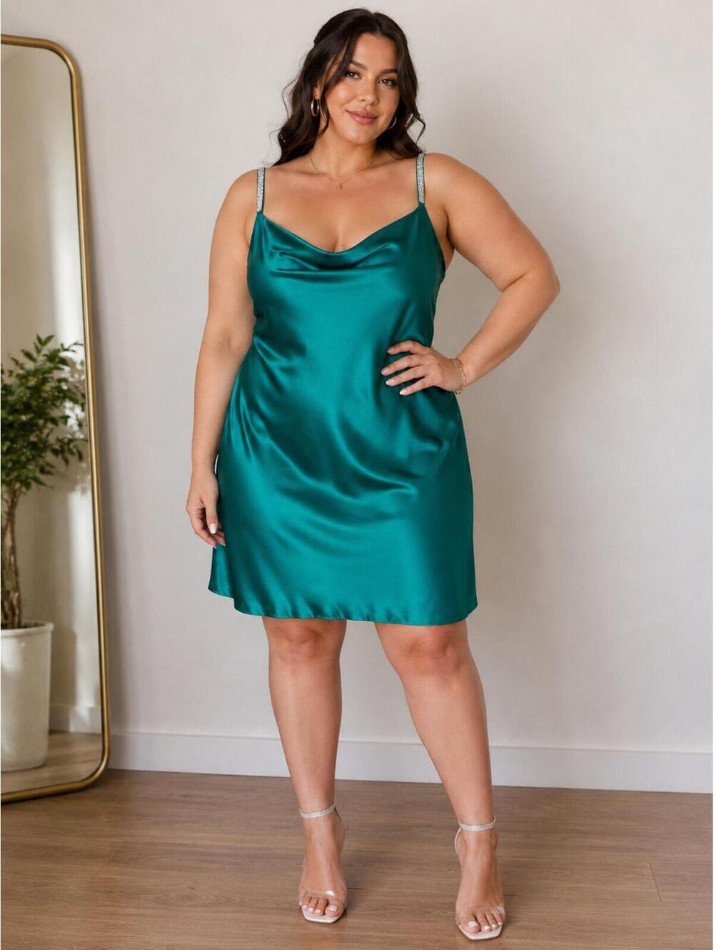 Teal Satin Cowl Neck Slip Mini Dress Rhinestone Straps Size XL